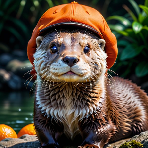 Foto de una nutria en una gorra naranja