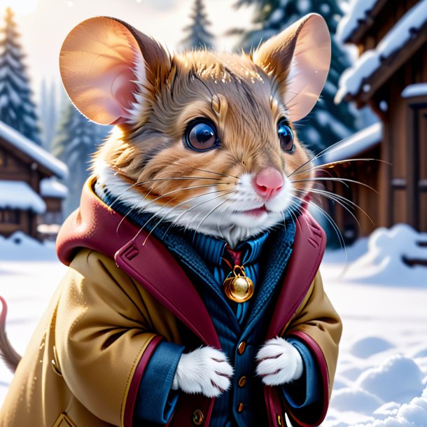 Picture of a mouse in a coat in the snow