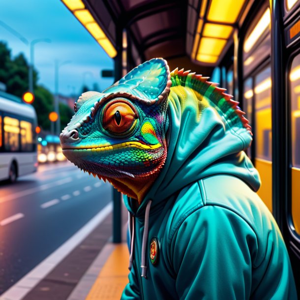 Pic d'un caméléon dans un sweat à capuche sur l'arrêt de bus