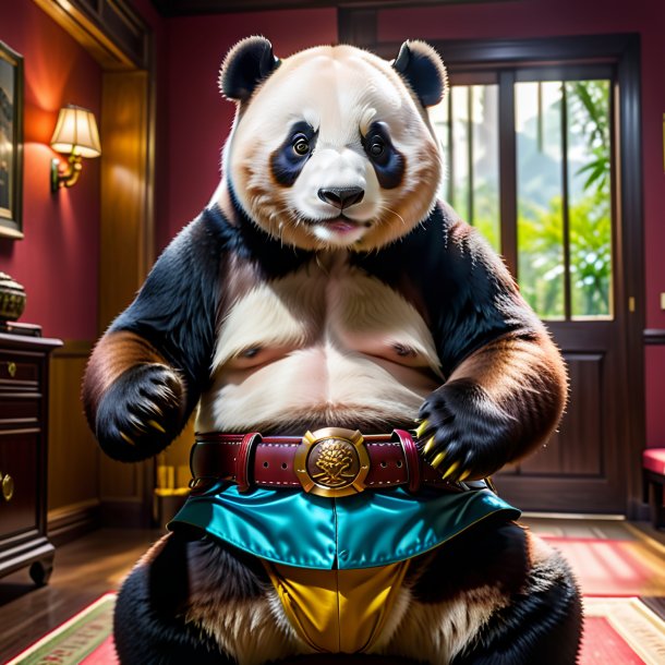 Pic of a giant panda in a belt in the house