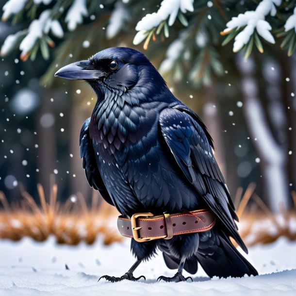 Picture of a crow in a belt in the snow