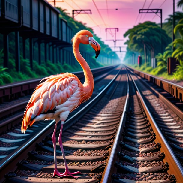 Foto de um flamingo em uma jaqueta nos trilhos ferroviários