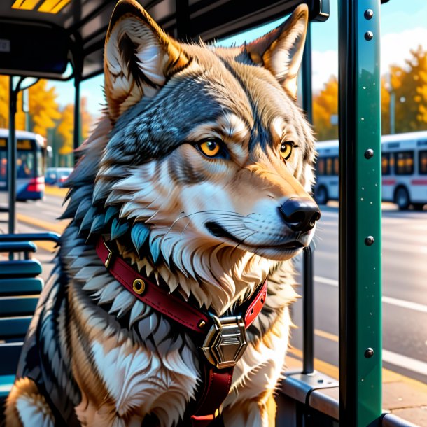 Imagem de um lobo em um cinto no ponto de ônibus