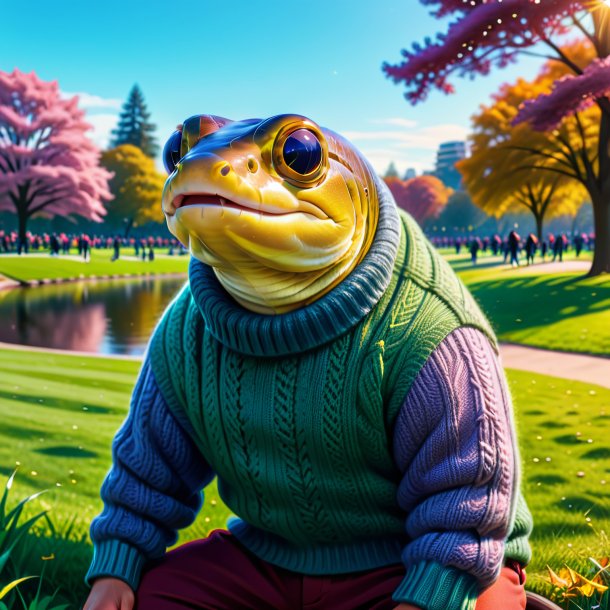 Drawing of a eel in a sweater in the park