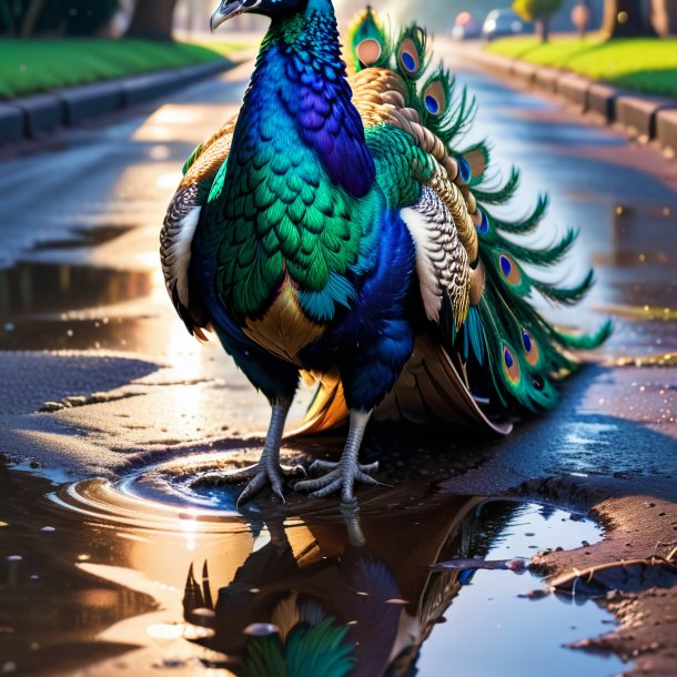 Picture of a peacock in a shoes in the puddle