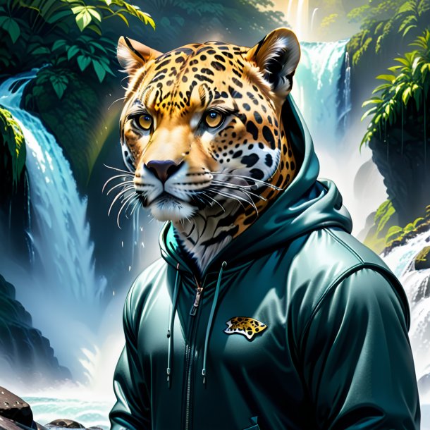 Drawing of a jaguar in a hoodie in the waterfall