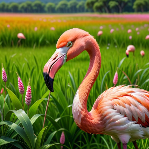 Image of a smiling of a flamingo in the meadow