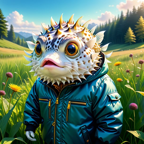 Drawing of a pufferfish in a jacket in the meadow