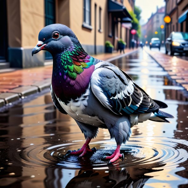 Imagem de um pombo em uma calça na poça