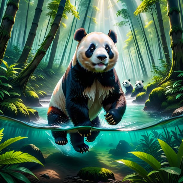 Foto de una natación de un panda gigante en el bosque