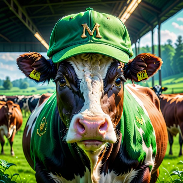 Pic of a cow in a green cap