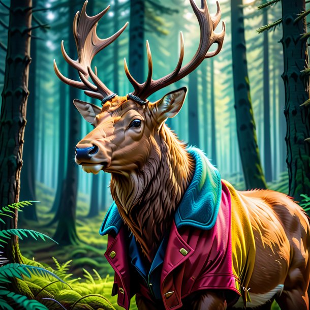 Dessin d'un wapiti dans un manteau dans la forêt