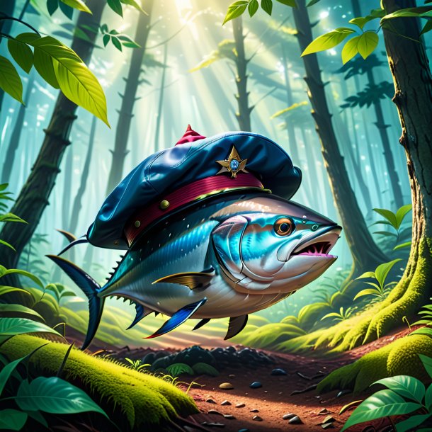 Illustration of a tuna in a cap in the forest