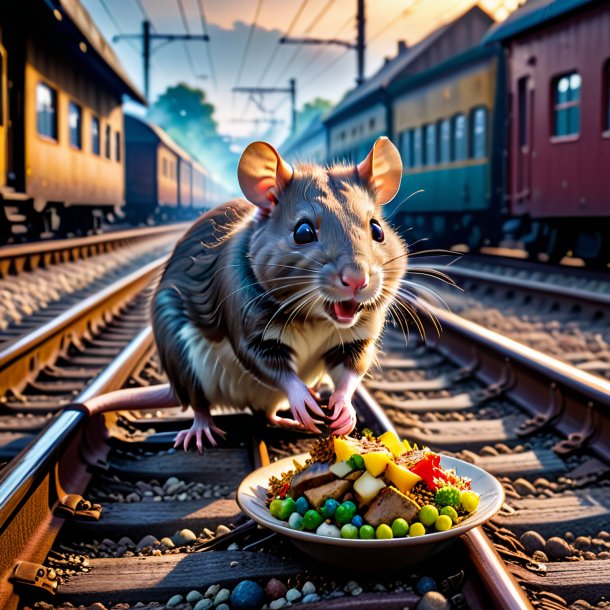 Foto de un comer de una rata en las vías del tren