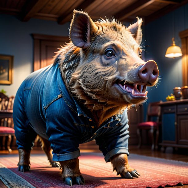 Pic of a boar in a jeans in the house