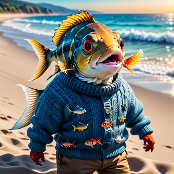 Image of a fish in a sweater on the beach