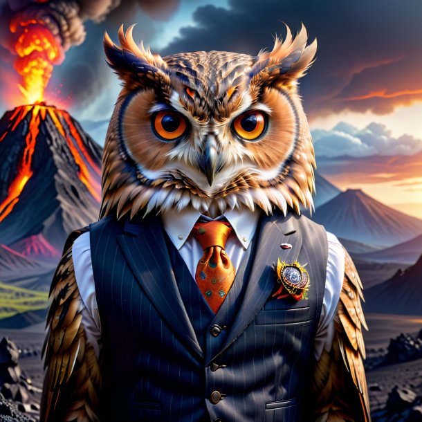 Photo of a owl in a vest in the volcano