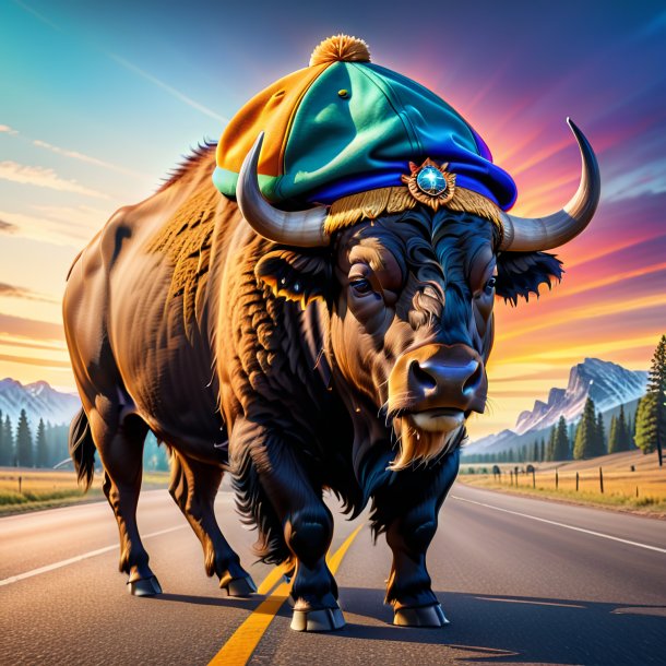 Picture of a buffalo in a cap on the road