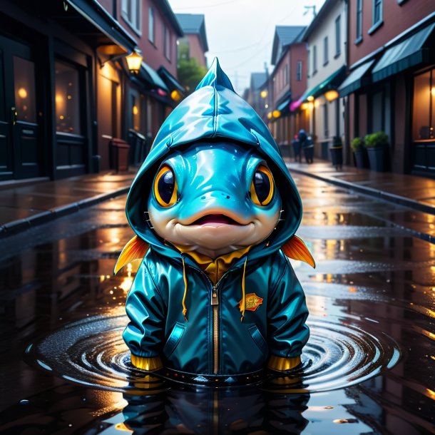 Drawing of a fish in a hoodie in the puddle