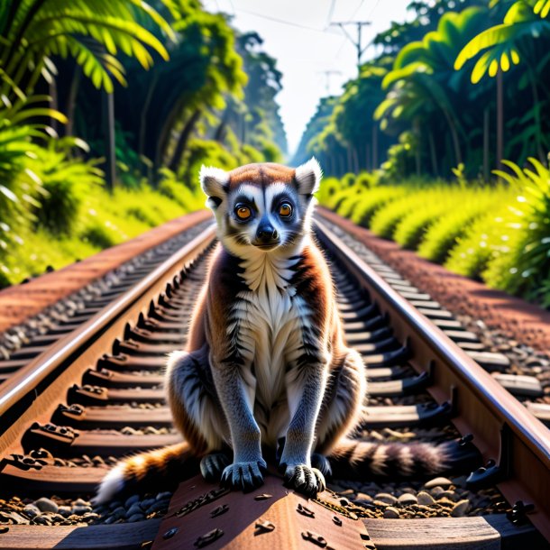 De uma espera de um lêmur nos trilhos ferroviários