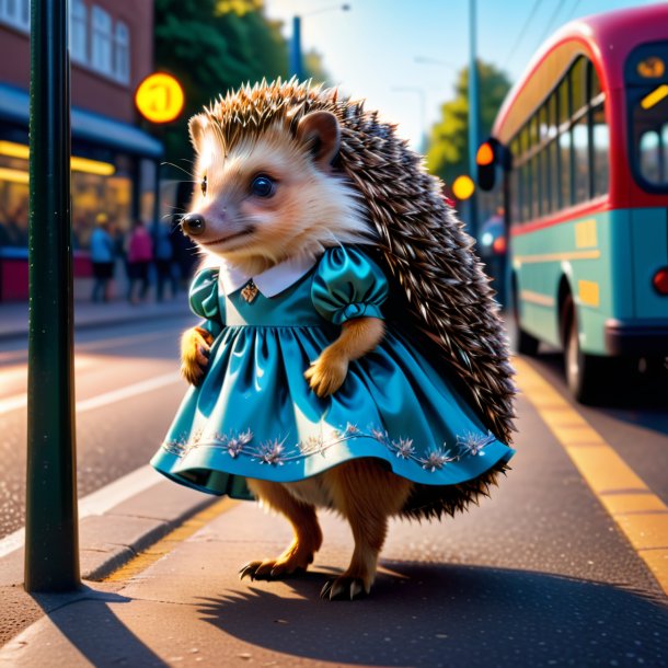 Pic of a hedgehog in a dress on the bus stop