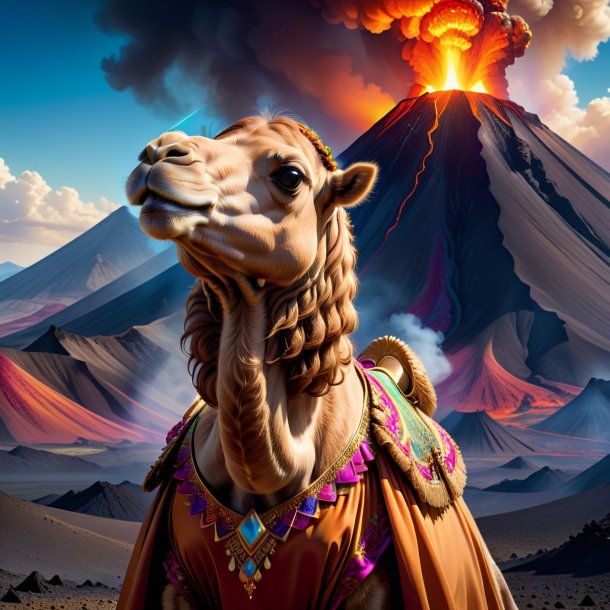 Illustration of a camel in a dress in the volcano