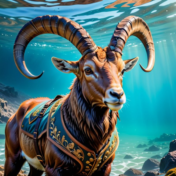 Picture of a ibex in a vest in the water