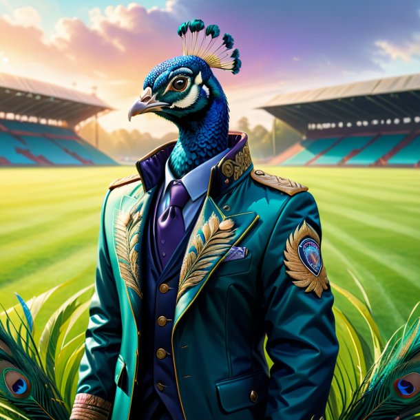 Illustration of a peacock in a jacket on the field