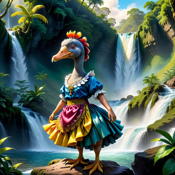 Drawing of a dodo in a skirt in the waterfall