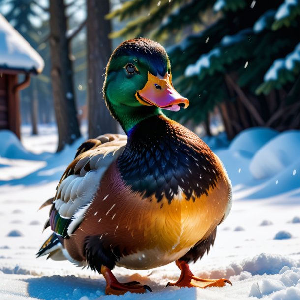 Picture of a angry of a duck in the snow