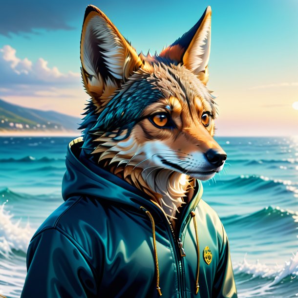 Ilustração de um chacal em um hoodie no mar