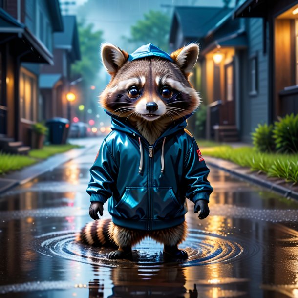 Pic of a raccoon in a hoodie in the puddle