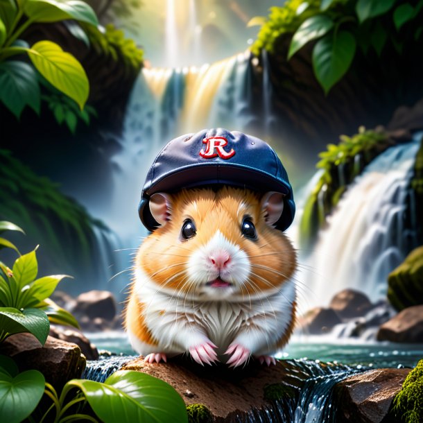 Photo of a hamster in a cap in the waterfall