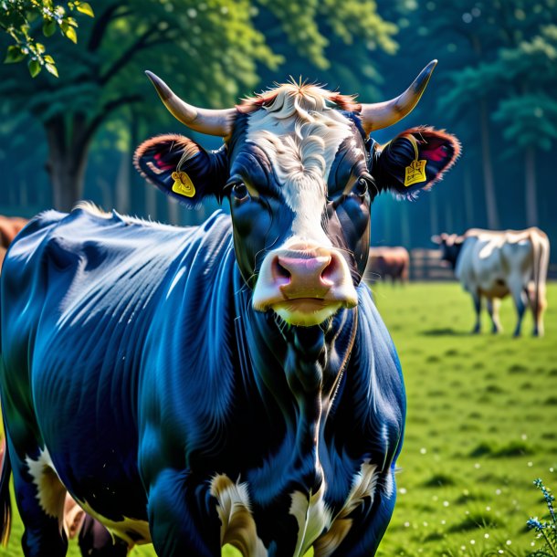 Foto de una vaca en un abrigo azul