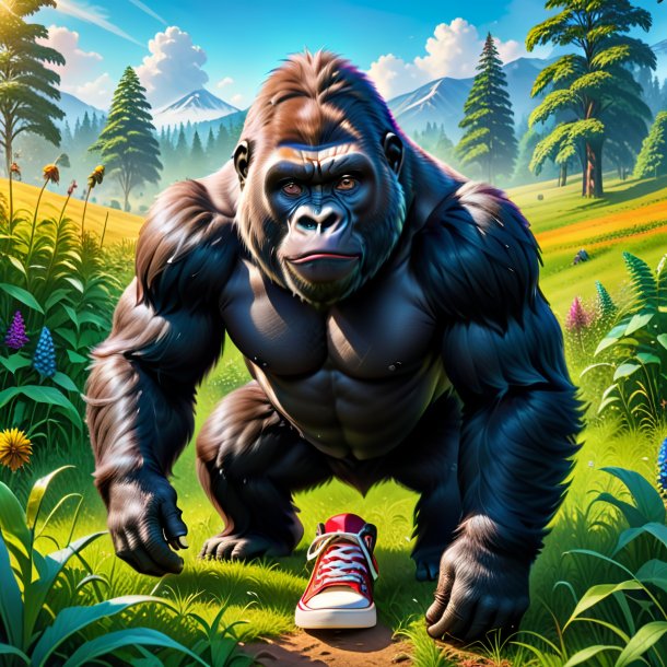 Picture of a gorilla in a shoes in the meadow