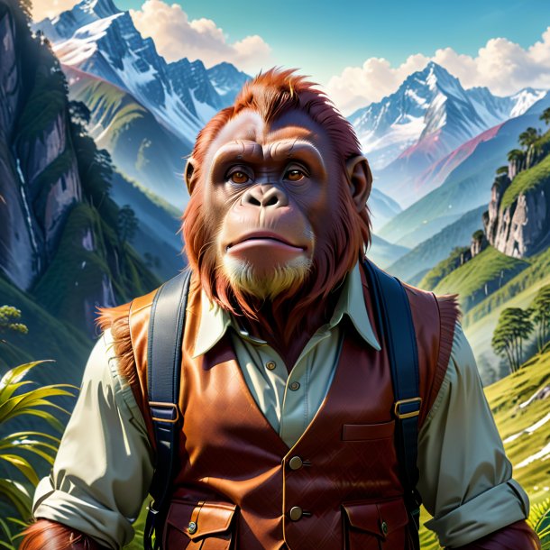 Illustration of a orangutan in a vest in the mountains