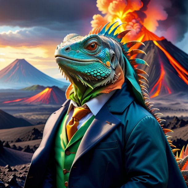 Imagem de uma iguana em um casaco no vulcão