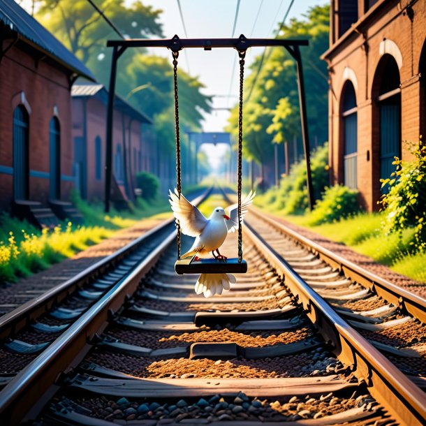 Foto de un balanceo en un columpio de una paloma en las vías del ferrocarril