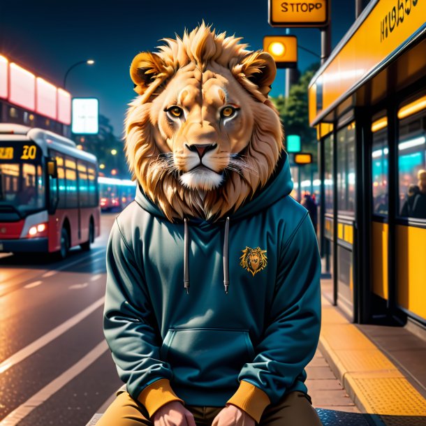 Foto de um leão em um hoodie no ponto de ônibus