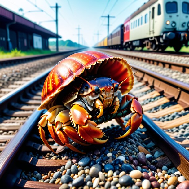 Imagem de um comer de um caranguejo eremita nos trilhos ferroviários