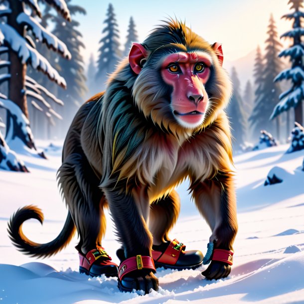 Picture of a baboon in a shoes in the snow