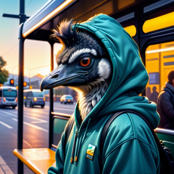 Desenho de uma emu em um hoodie na parada de ônibus