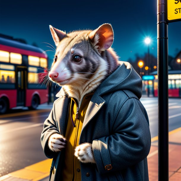 Image of a possum in a coat on the bus stop