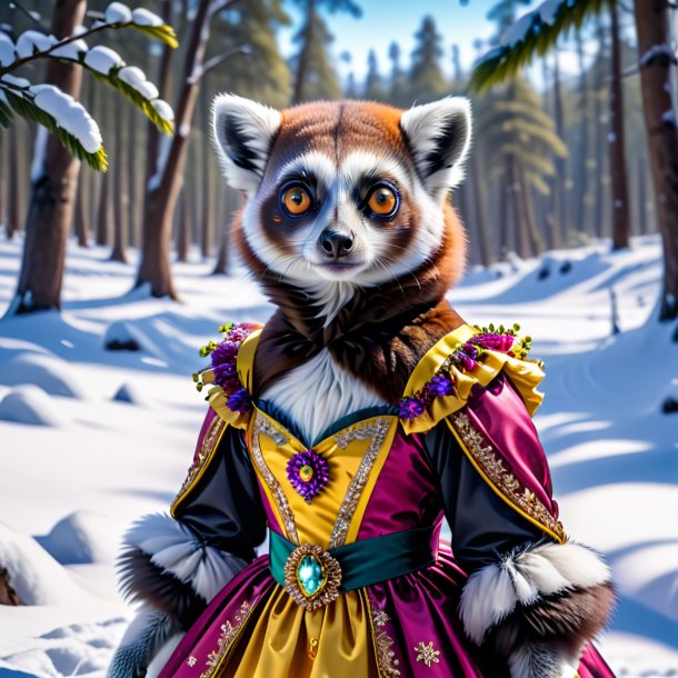 Picture of a lemur in a dress in the snow