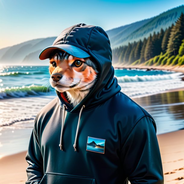 Foto de um salmão em um hoodie na praia