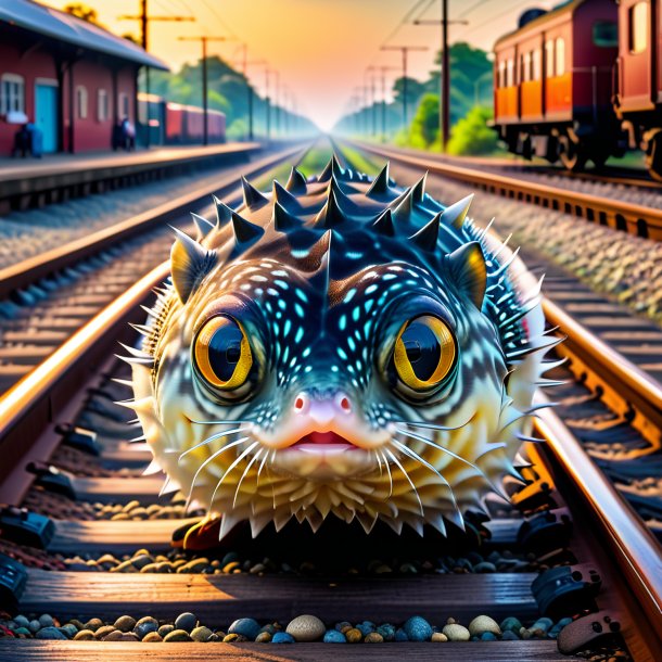 Pic of a waiting of a pufferfish on the railway tracks