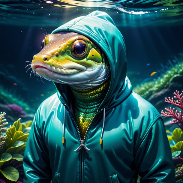 Illustration of a eel in a hoodie in the water