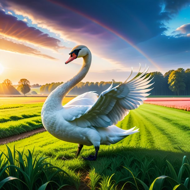 Picture of a swan in a belt on the field