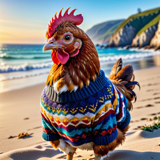 Imagen de una gallina en un suéter en la playa