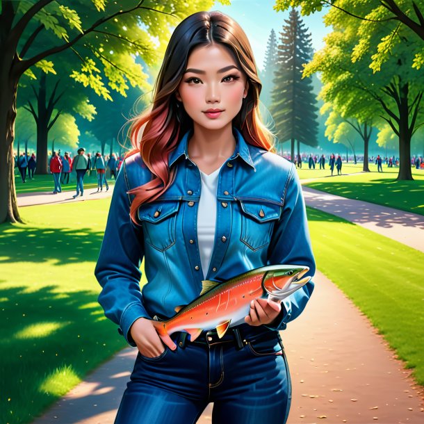 Drawing of a salmon in a jeans in the park